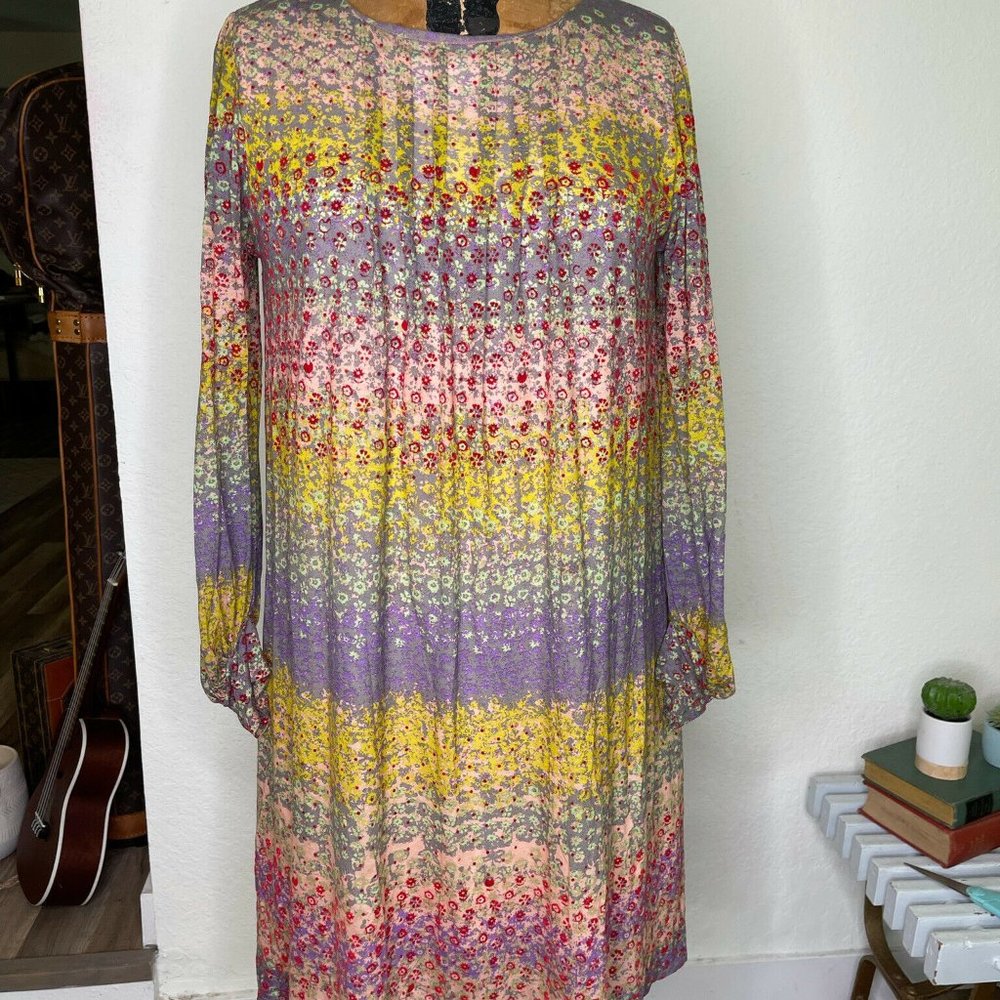 Tsumori Chisato Womens Multicolor Floral Pleated Front Midi Aline Dress Size 2